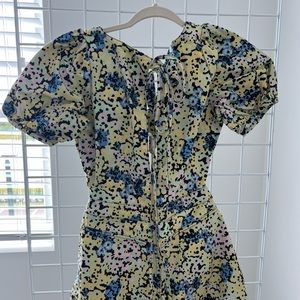 Puff sleeve cut out denim floral print romper